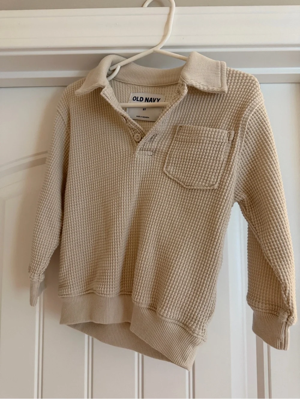 Old Navy Cream Waffle-Knit Long Sleeve Polo Shirt